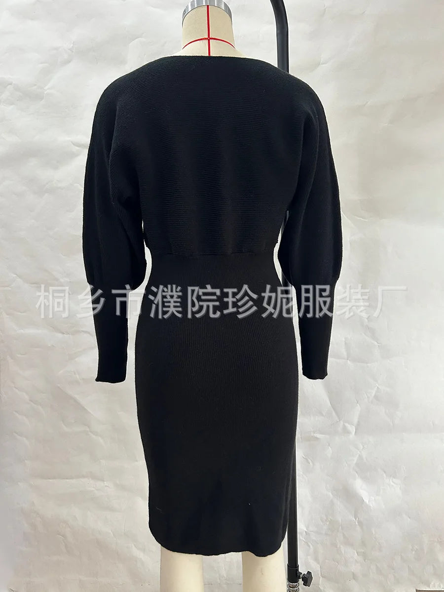 Women Knit Dress Sweater Long Sleeve Round Neck Slim Fit Dresses Tight Waist Thick Warm Vestidos Elegant Lady Skinny Autumn