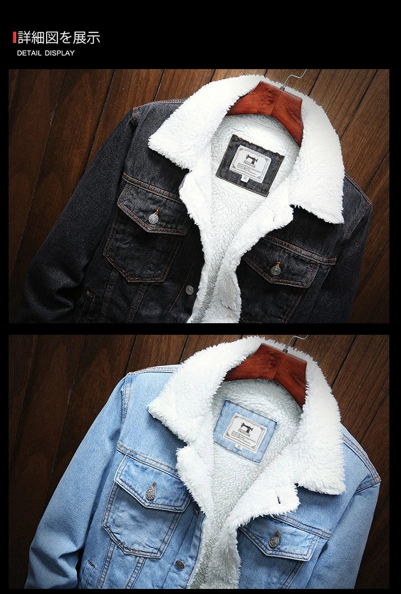 Winter Men's Fleece-Lined Denim Jacket Korean Fashion Windproof Warm Multi-Pocket Lapel Jacket Man High Street Vintage Jean Coat