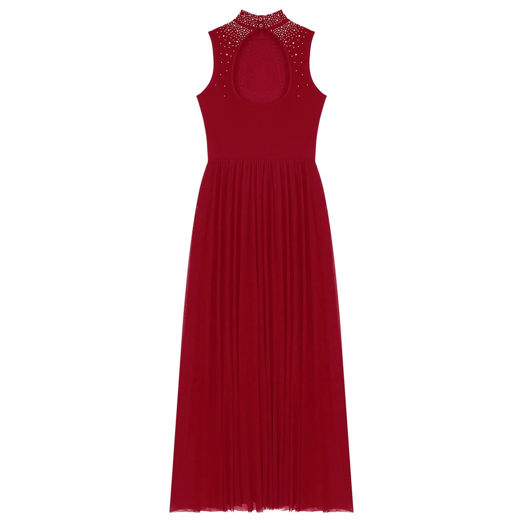 Womens Lyrical Dance Dresses Mock Neck Wide Hemline Shiny Rhinestones Maxi Dress Sleeveless Modern Contemporary Leotard Dresses