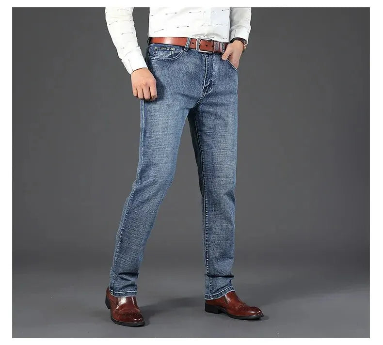 Wthinlee New Business Men's Jeans fleece Casual Straight Stretch Fashion Classic Blue Black Work Denim Trousers Male  Clothing
