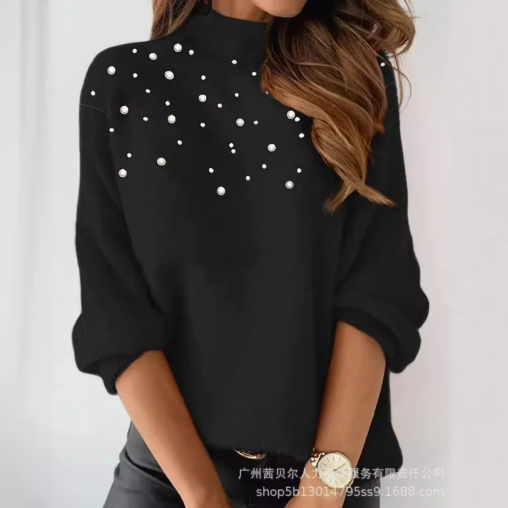 Turtleneck Long-Sleeved Top Knitted Sweaters Beaded Casual Sweaters Women Solid Color Fashion Loose Woolen Sweaters