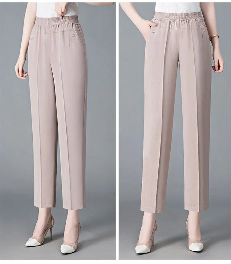 Office Lady Vintage Loose Straight Pants Spring Summer Thin Women Streetwear Fashion Casual Elastic High Waist Cropped Trousers