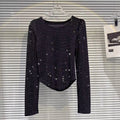 Fat people oversized wear 300 catties fashion rhinestone diamond bright silk curved edge women's long-sleeved T-shirt