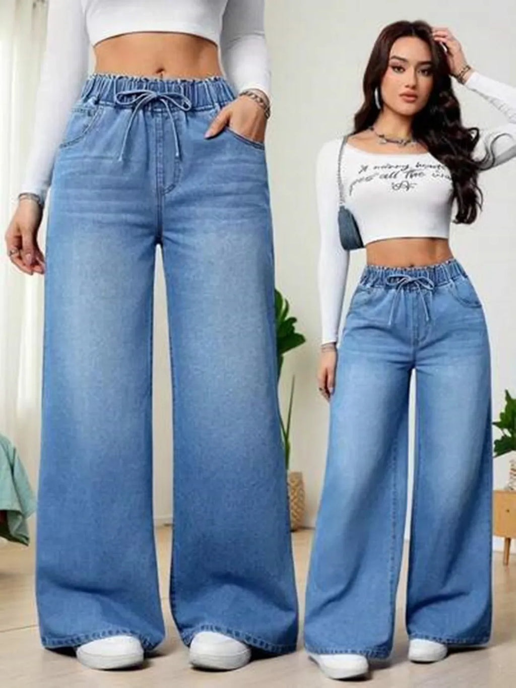 Elastic Waist Wide Leg Floor-Length Pants European American Trend Loose Casual High Waist Women Denim Jeans