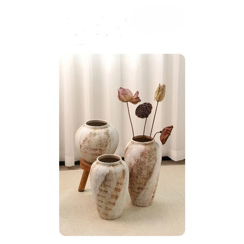 Ceramic Vase Mottled Antique Pottery Jar Wabi Sabi Style Decoration Foyer TV Cabinet Flower Arrangement Ceramic Large Vase Decor