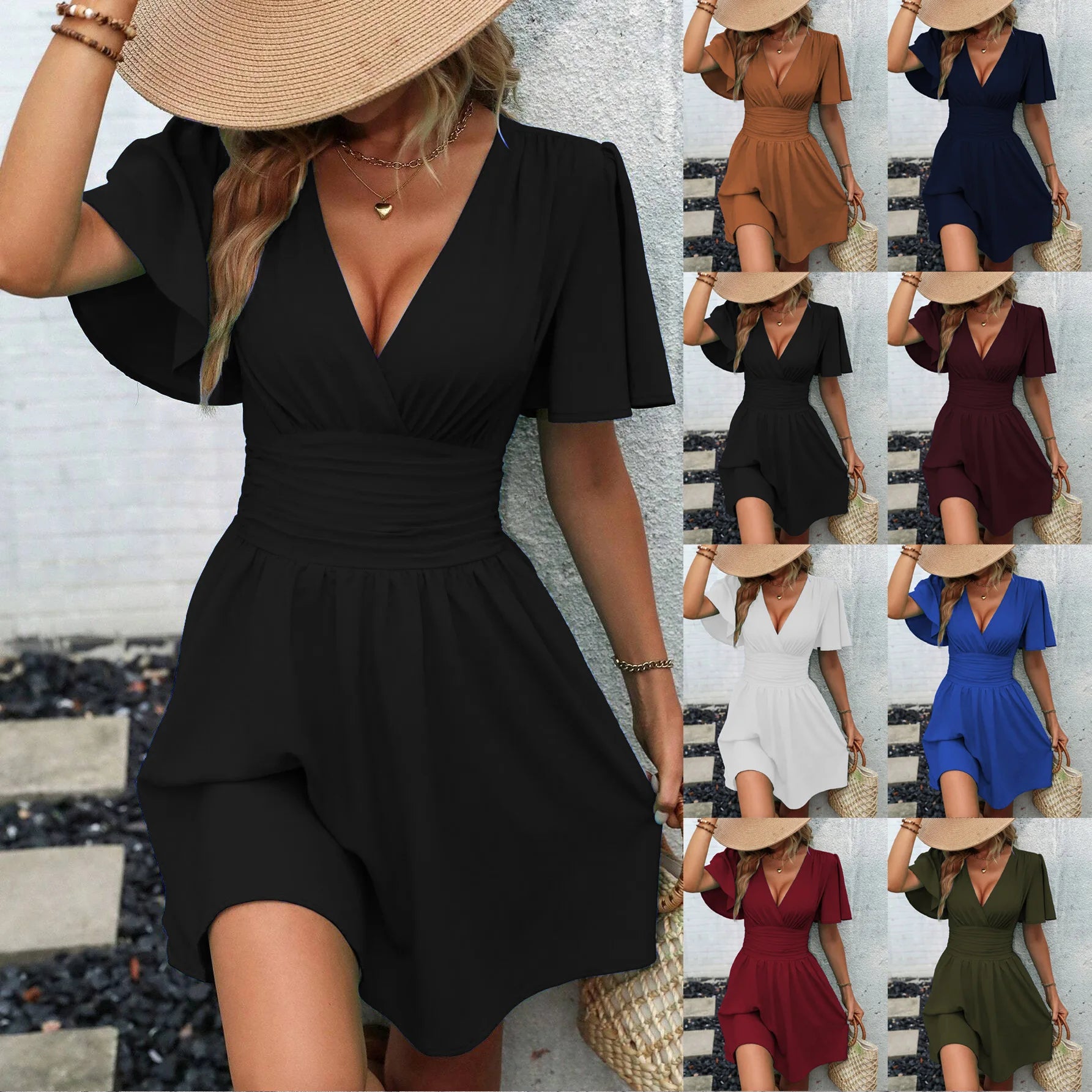 Woman Summer V-Neck Ruffled Sleeve Solid Color Dress Woman Clothing Tops Skirts Y2k Clothes