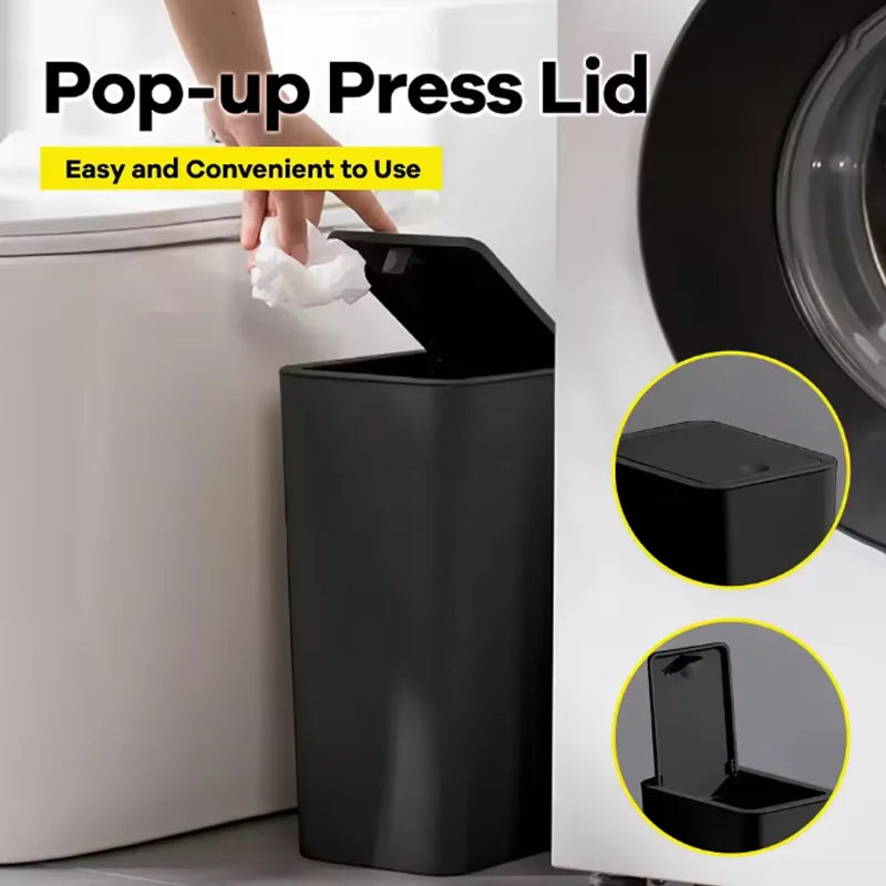10L Small Black Bathroom Trash Can with Pop Up Lid Compact Plastic Garbage Bin For Cleaning Kitchen Food And Meal Residue