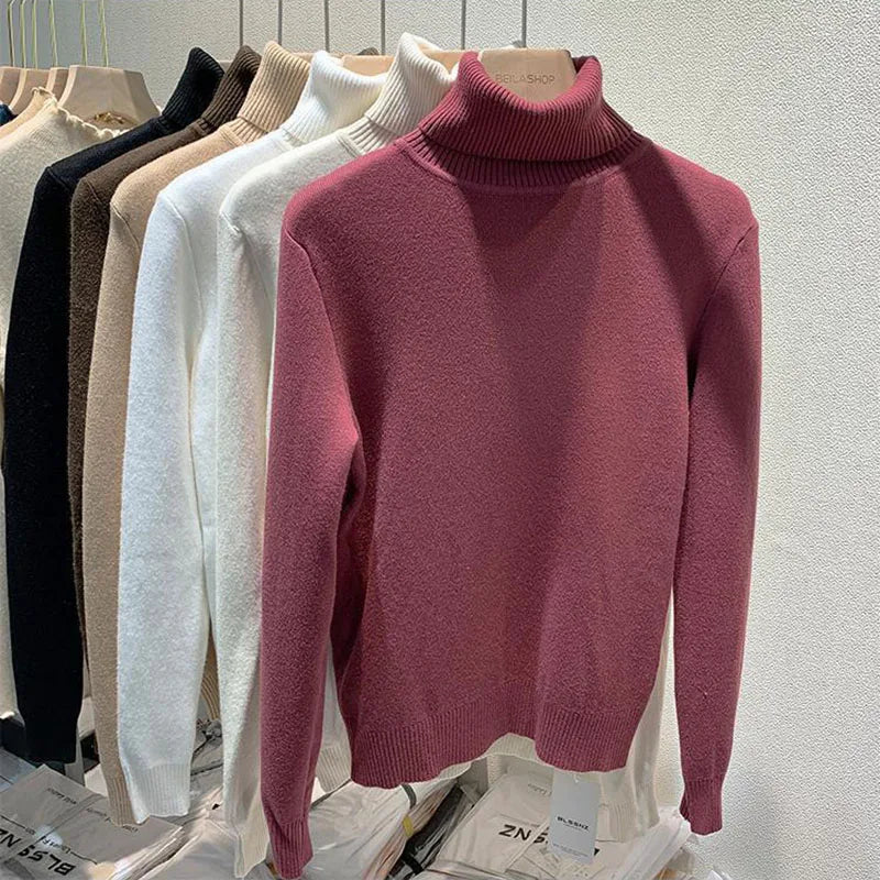 Women's Turtleneck Sweater Winter Long Sleeve with Velvet Lining Warm Knitting Pullover Woman Solid Thickened Bottoming Jumpers