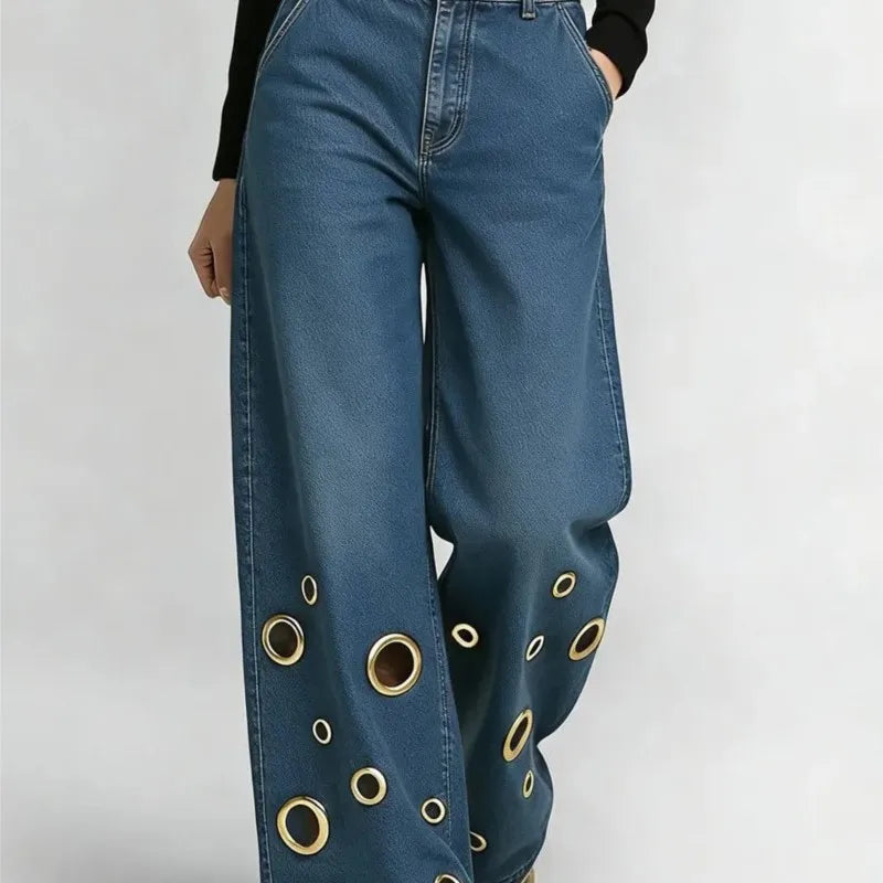 Women's High Waist Wide Leg Jeans with Gold Eyelets