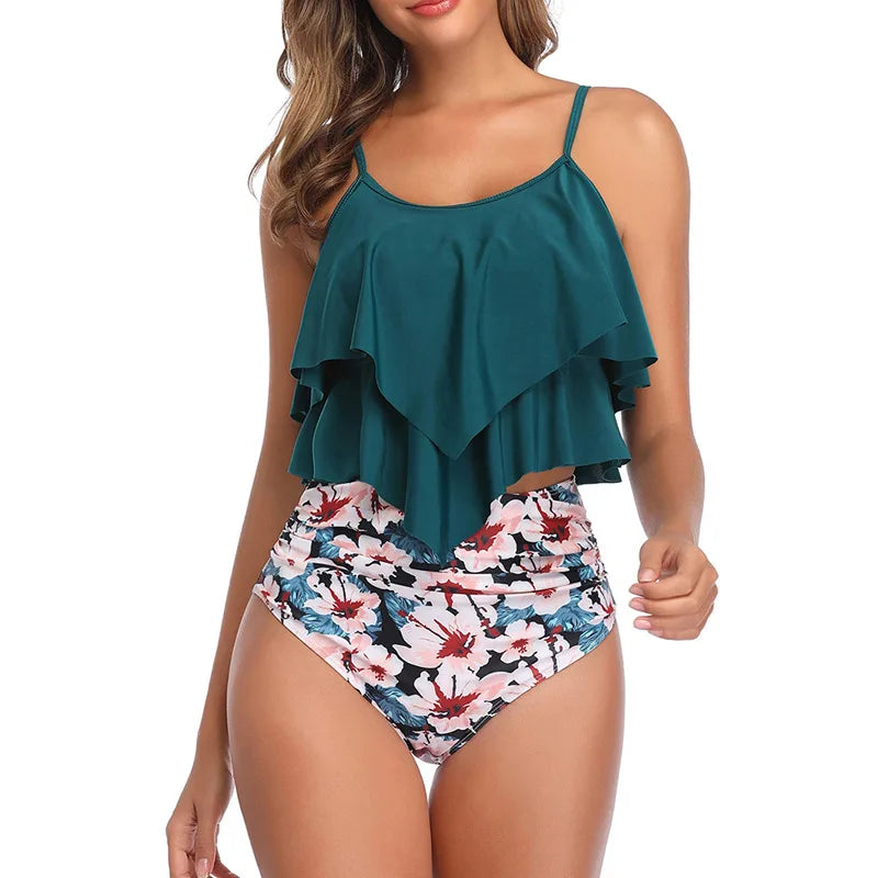 Swimwear Ruffles Women Suits Two Piece Sets Printed Beachwear High Waist Bikini Set Bottoms Push Up Tankini Swimsuits Women
