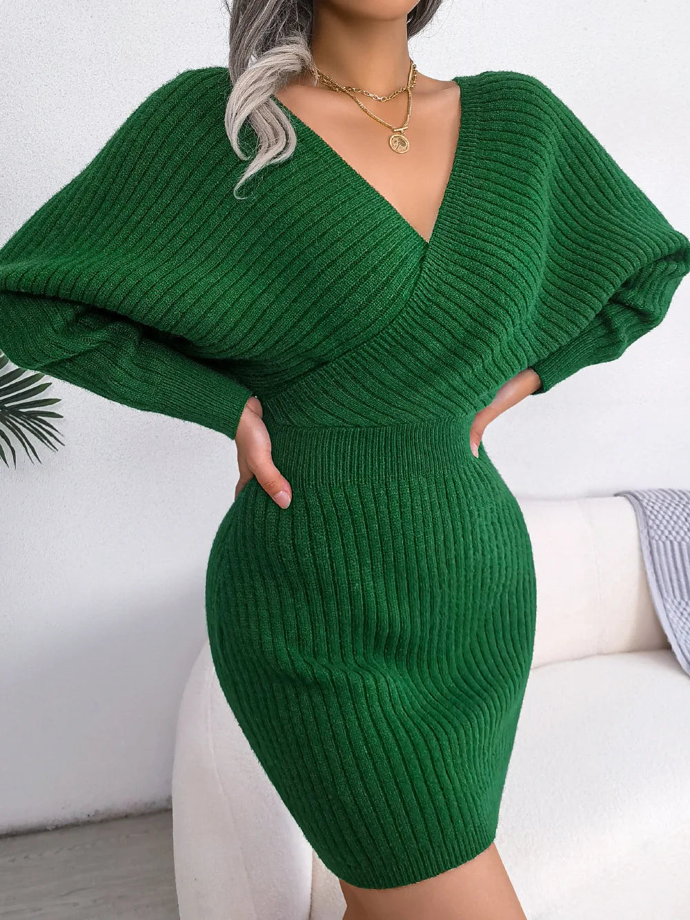 Women's V Neck Waist Tie Sweater Dress - Bodycon Long Sleeve Solid Knit for Fall Winter Holiday Party