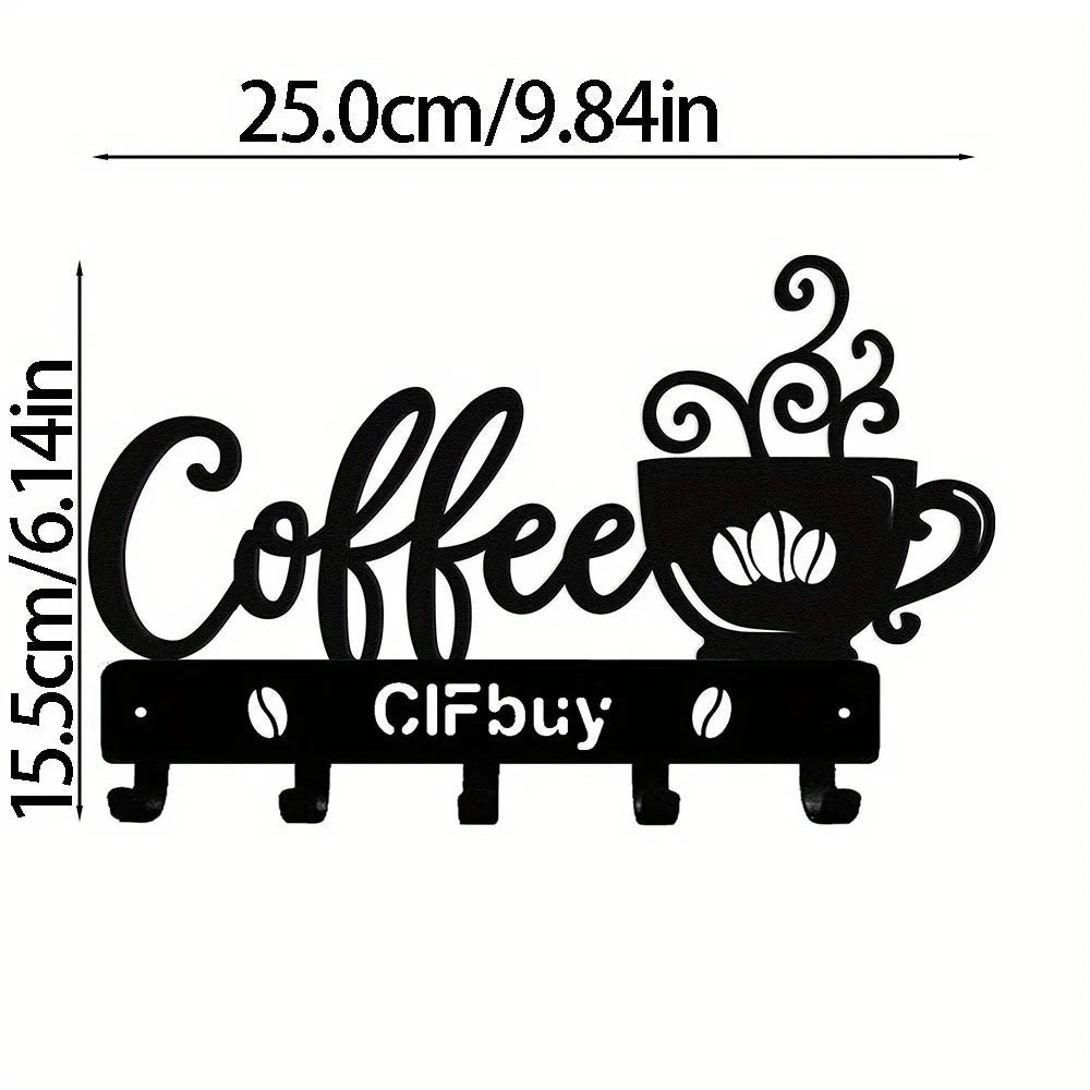 Coffee Bar Decor Rustic Metal Wall Art with Coffee Mug Sign and Hooks