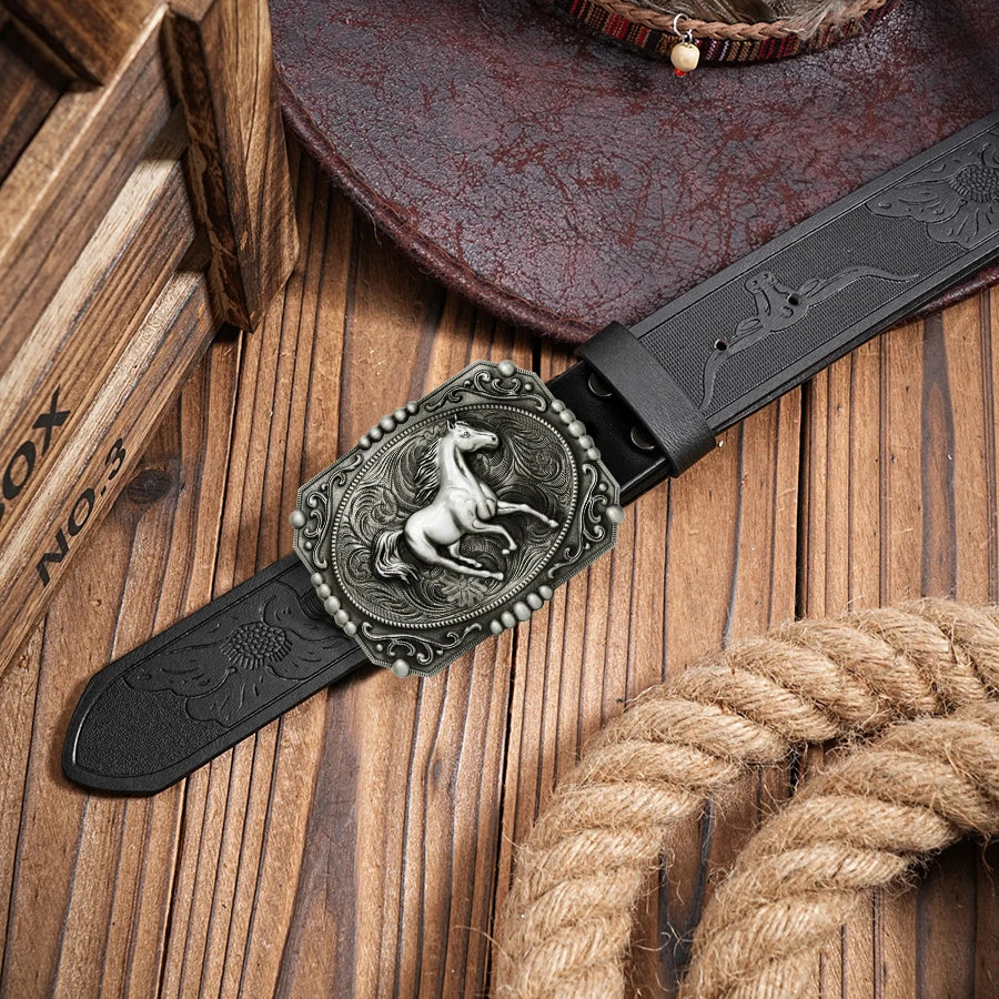 1pc men's Western style belt, wild horse, carved floral patterns and long horn decorations, retro style, great Valentine's Day g