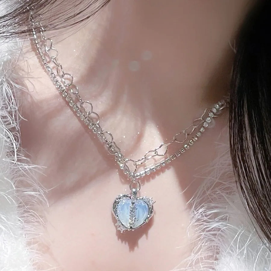 Shiny Stackable Necklace Heart Shape Pendant With Hollow Heart Shape Chain Lovely Neck Jewelry For Women Girls 1 Pc