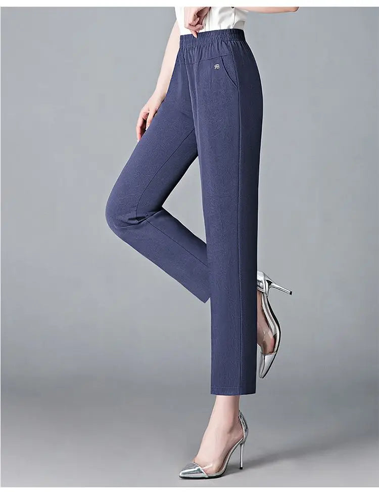 Office Lady Vintage Loose Straight Pants Spring Summer Thin Women Streetwear Fashion Casual Elastic High Waist Cropped Trousers