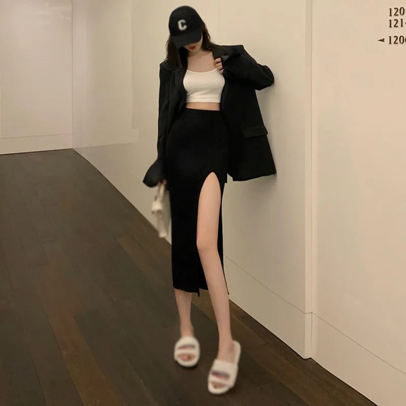 Women Sexy Split Bodycon Long Skirt  Elegant Slim Fit High-Waisted Skirts Female Pure Desire Hot Girl Knitted Elastic Dress