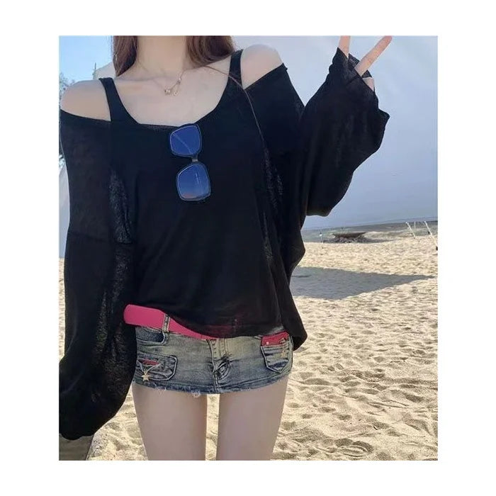 Bikini Swimsuit Cover up Women's Loose Thin Outerwear Casual Sle Long Sve One oulder T Top for Beach Vaion