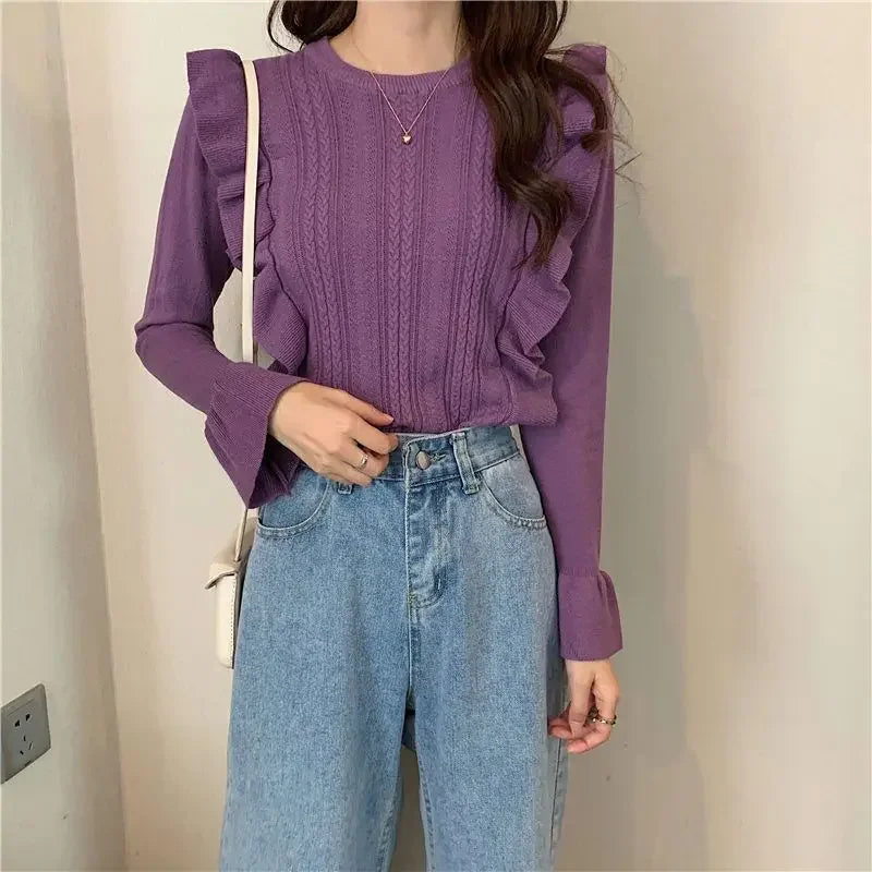 Ladies Sweaters Pullovers Round O Neck Grey Knitted Top for Women Jersey Winter 2025 Jumper Economics Long Sleeve Thermal Blouse