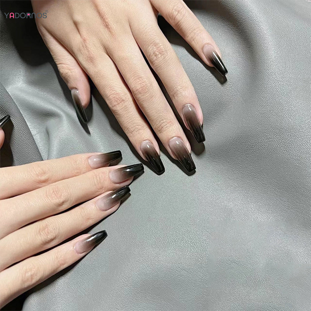 Gradient Black Fake Nails Long Ballerina Nails Press on Simple Full Cover False Nails Tips for Women Girls DIY Manicure 24Pcs
