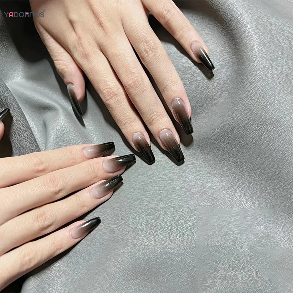 Gradient Black Fake Nails Long Ballerina Nails Press on Simple Full Cover False Nails Tips for Women Girls DIY Manicure 24Pcs