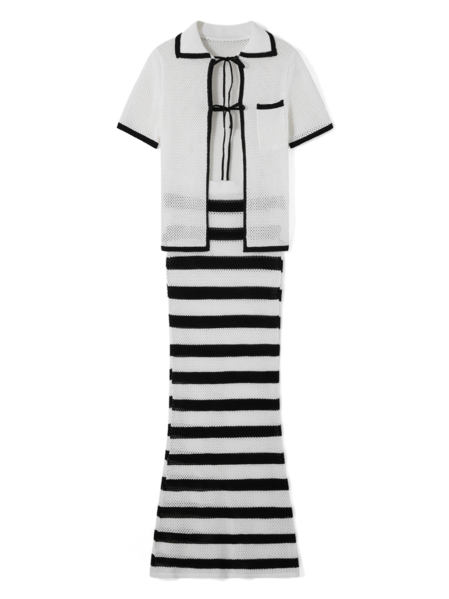 Women Crochet Cover Up Skirts Elastic High Waist Striped Contrast Color Knit Long Skirts Beachwear