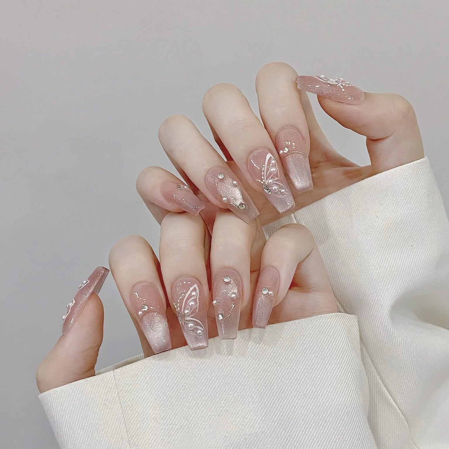 Butterfly Cat Eye Press-On Nails | 10pcs Pink Handmade French | Reusable Wearable Nail Art Tips
