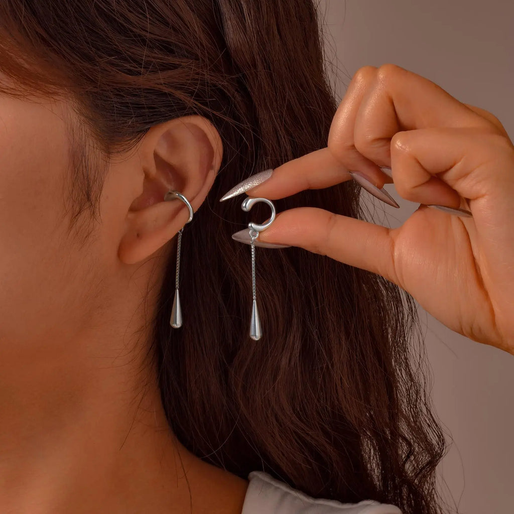 C-shaped Stainless Steel Teardrop Tassel Ear Cuff Clip Earrings for Women 1piece, No Piercings, Ear Cartilage Clips