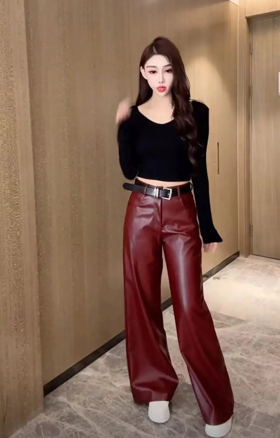 Womens Clothes Black PU leather Pants Women Casual Fashion Streetwear Gothic High Waist Flare leggings Trousers Womens Pants