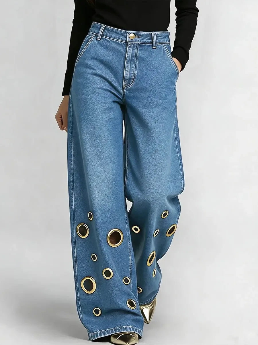 Women's High Waist Wide Leg Jeans with Gold Eyelets