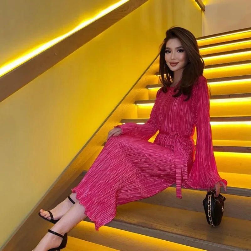Autumn Winter Party Dress for Women 2025 Y2K INS Elegant Fashion Long Sleeve O Neck Lace Up Folds Evening Graduation Long Dress