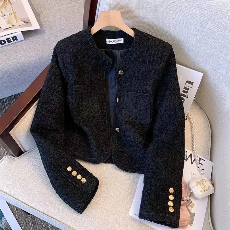 Spring Autumn New Red Tweed Small Fragrance Coat Short Blazers Korean Fashion Elegant Female Tops Outerwear
