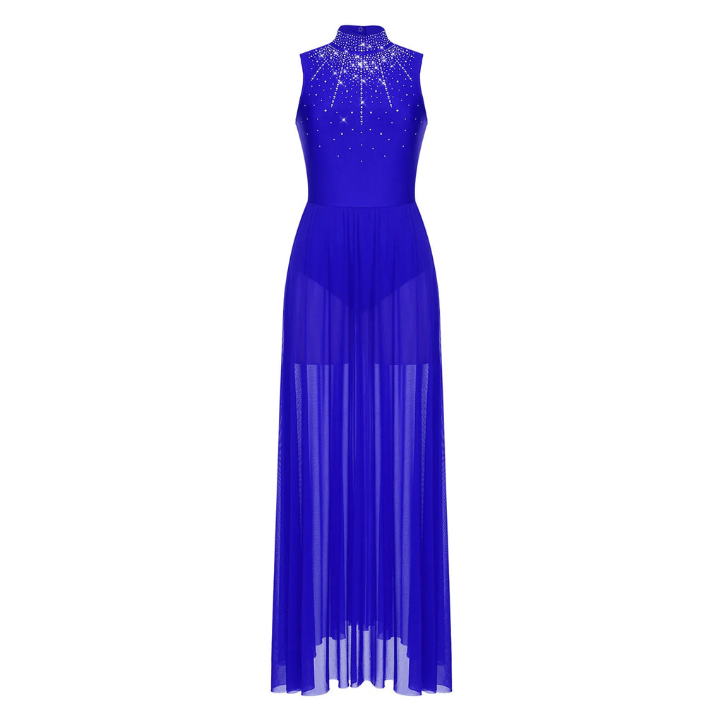 Womens Lyrical Dance Dresses Mock Neck Wide Hemline Shiny Rhinestones Maxi Dress Sleeveless Modern Contemporary Leotard Dresses