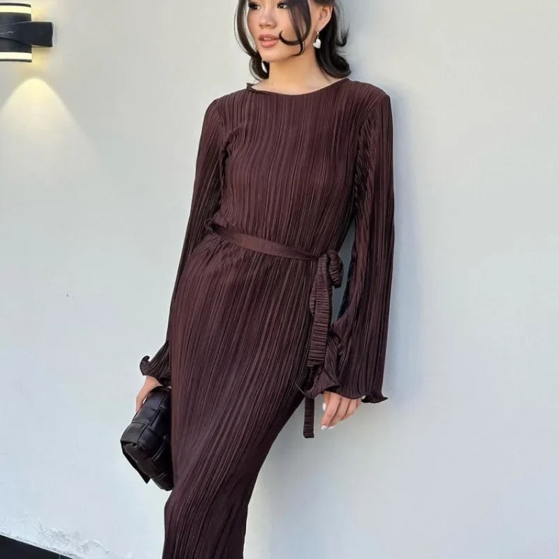 Autumn Winter Party Dress for Women 2025 Y2K INS Elegant Fashion Long Sleeve O Neck Lace Up Folds Evening Graduation Long Dress
