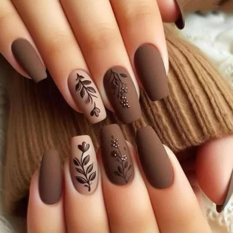 Flower Ballet Press-On Nails | 24pcs Long Full Cover Nail Tips | Brown Floral Design