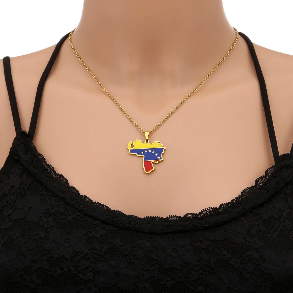 Venezuela Map Flag Pendant Necklace Stainless Steel For Women Men Gold Silver Color Charm Fashion Venezuelan Jewelry Gifts