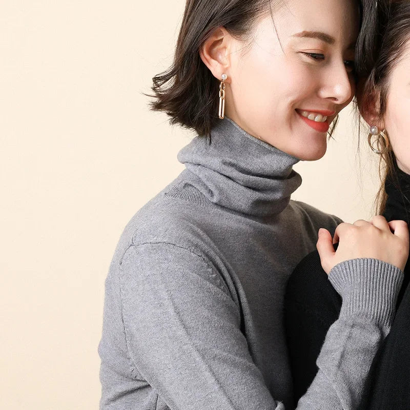 Turtleneck Women Sweater Warm Winter Solid Korean Stretch Slim Lady Jumpers Cashmere Black Sweater Pullover Femme Basic Knitwear