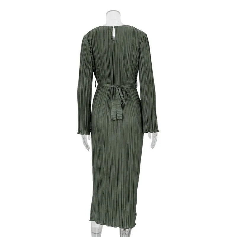 Autumn Winter Party Dress for Women 2025 Y2K INS Elegant Fashion Long Sleeve O Neck Lace Up Folds Evening Graduation Long Dress