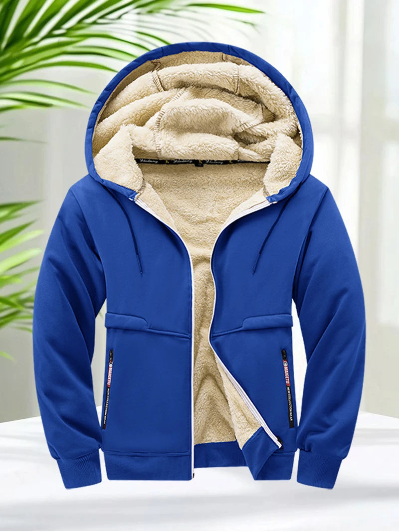 Faux Fur Lined Hoodies for Men Autumn Winter Thicken Fleece Sherpa Jacket Zip Up Hooded Coats with Zipper Pockets for Daily Wear