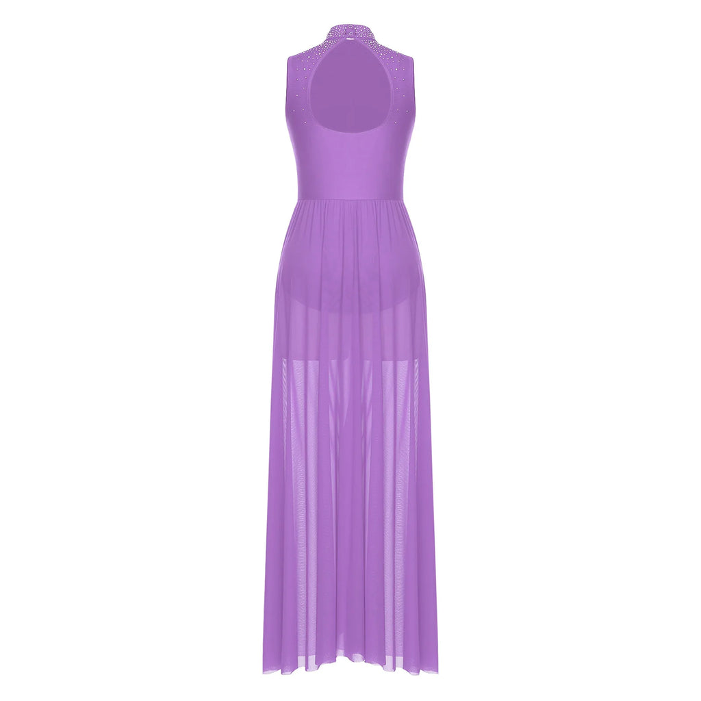 Womens Lyrical Dance Dresses Mock Neck Wide Hemline Shiny Rhinestones Maxi Dress Sleeveless Modern Contemporary Leotard Dresses