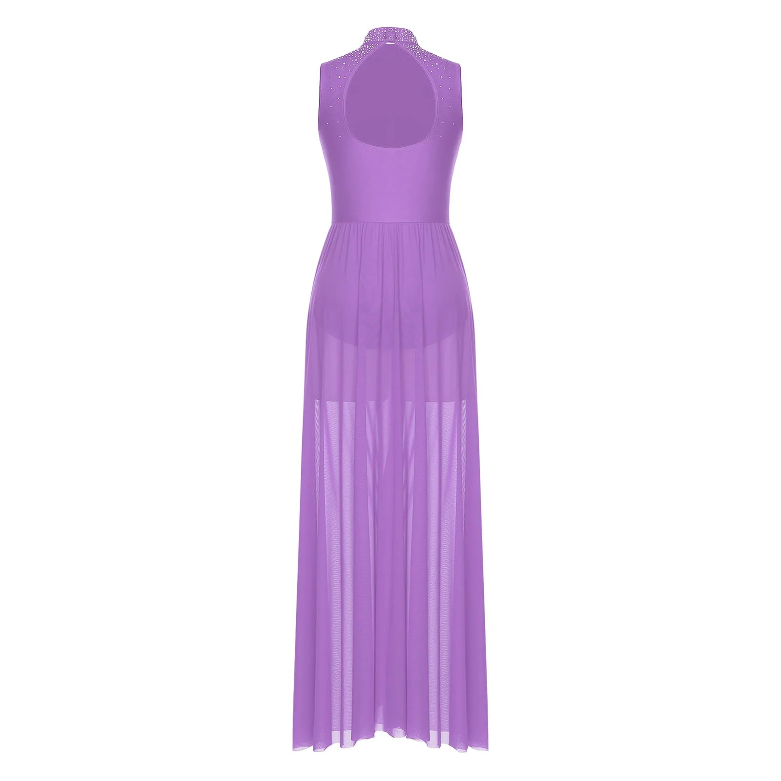 Womens Lyrical Dance Dresses Mock Neck Wide Hemline Shiny Rhinestones Maxi Dress Sleeveless Modern Contemporary Leotard Dresses