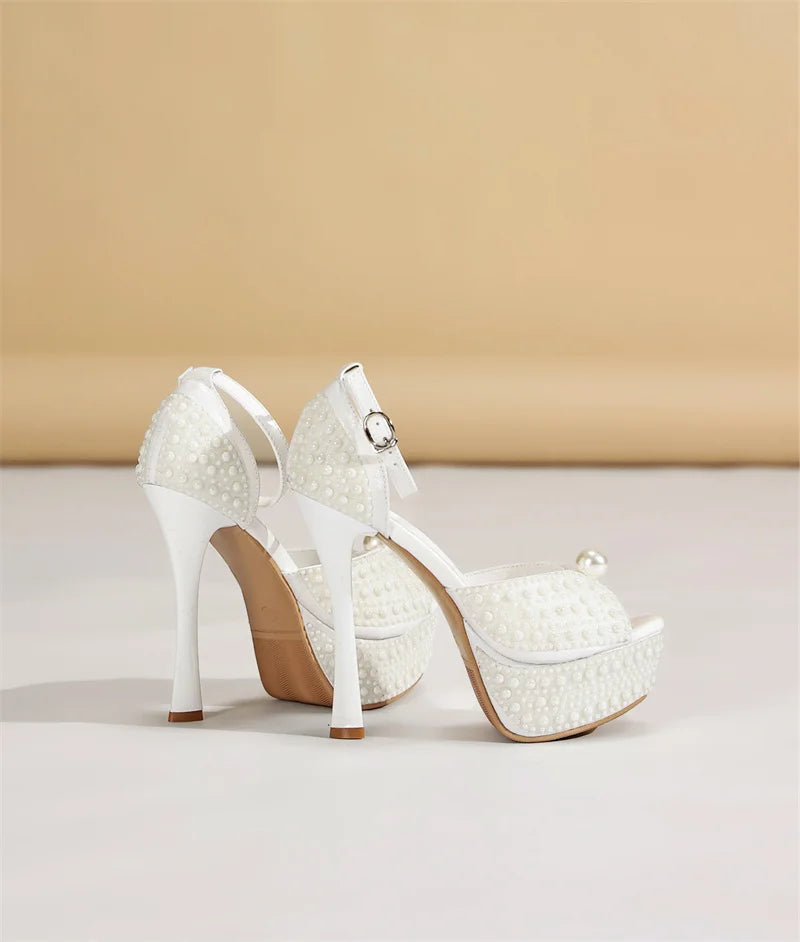 Liyke Sexy Black White High Heels Platform Sandals Women Summer Fashion Design Pearl Peep Toe Wedding Prom Shoe Zapatos De Mujer