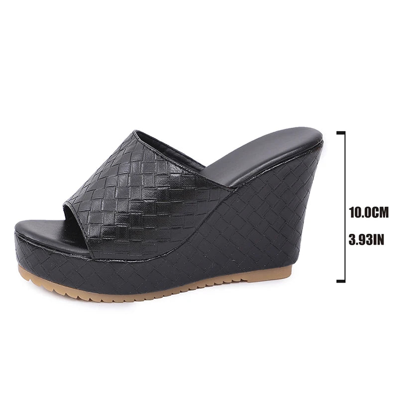 Chunky Platform Wedges Sandals Women Sexy Peep Toe Black Pu Leather Weave Slides Woman Super High Heel Anti Slip Sandalias Mujer
