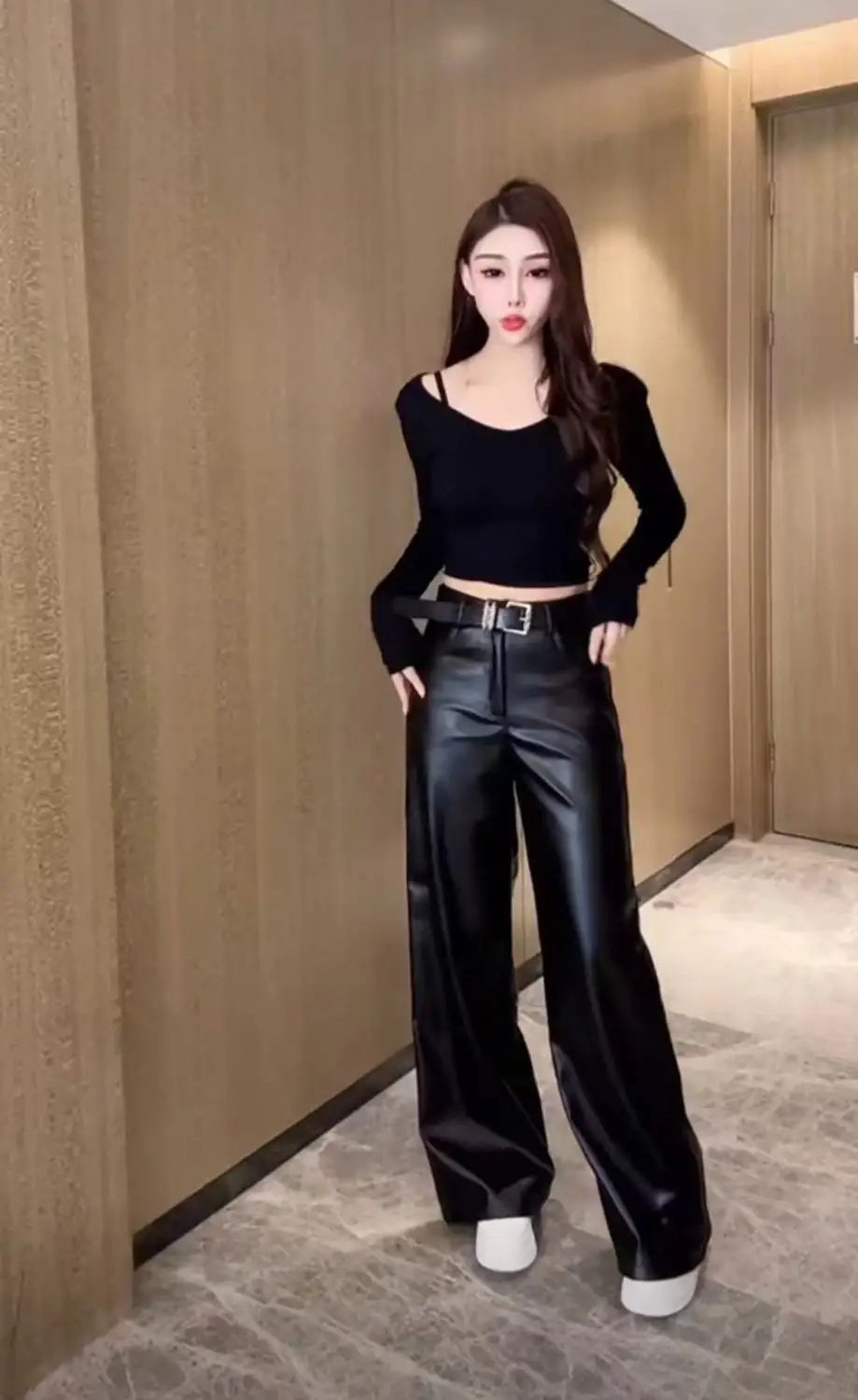 Womens Clothes Black PU leather Pants Women Casual Fashion Streetwear Gothic High Waist Flare leggings Trousers Womens Pants