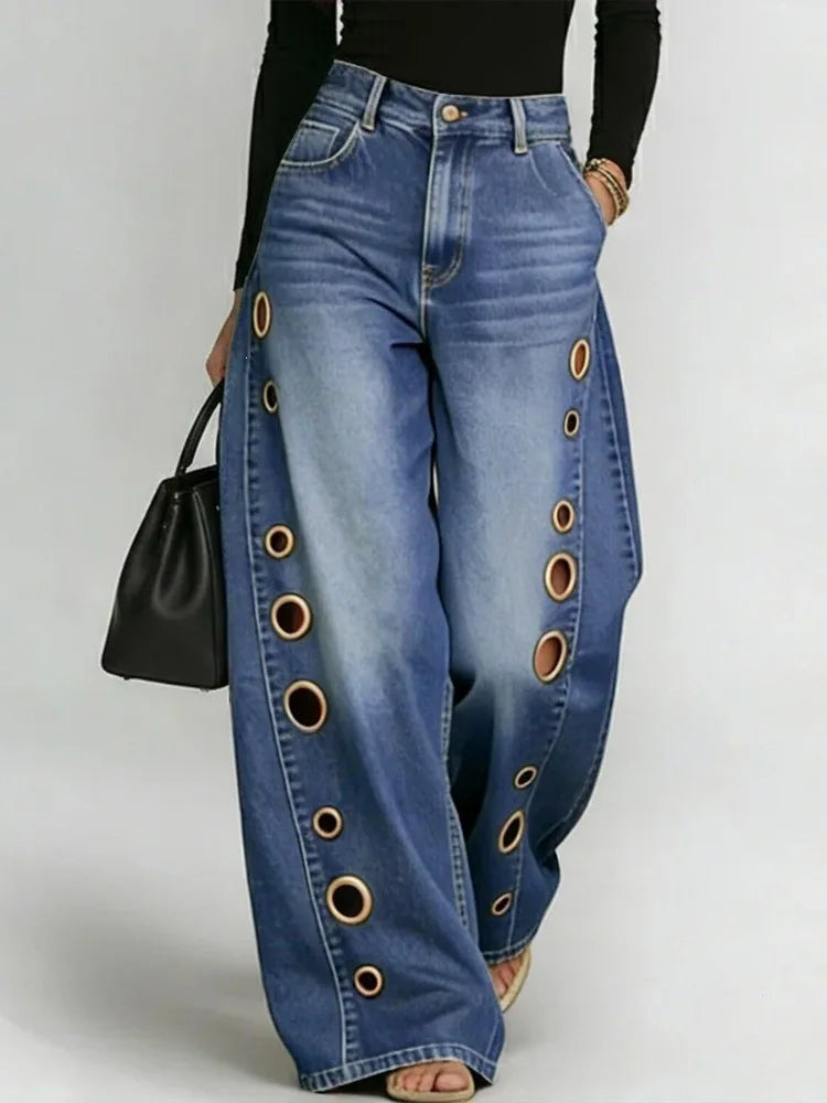 High Waist Gold Zipper Wide Leg Jeans Straight Leg Loose Denim Pant