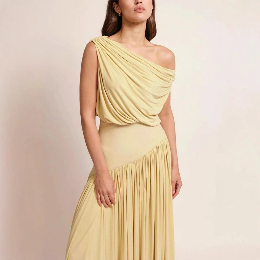 Female Clothing Women's Dress 2025 New Elegant Slant Neck Off-Shoulder Waist Long Solid Color Dresses Elegant Party Dresses 2025