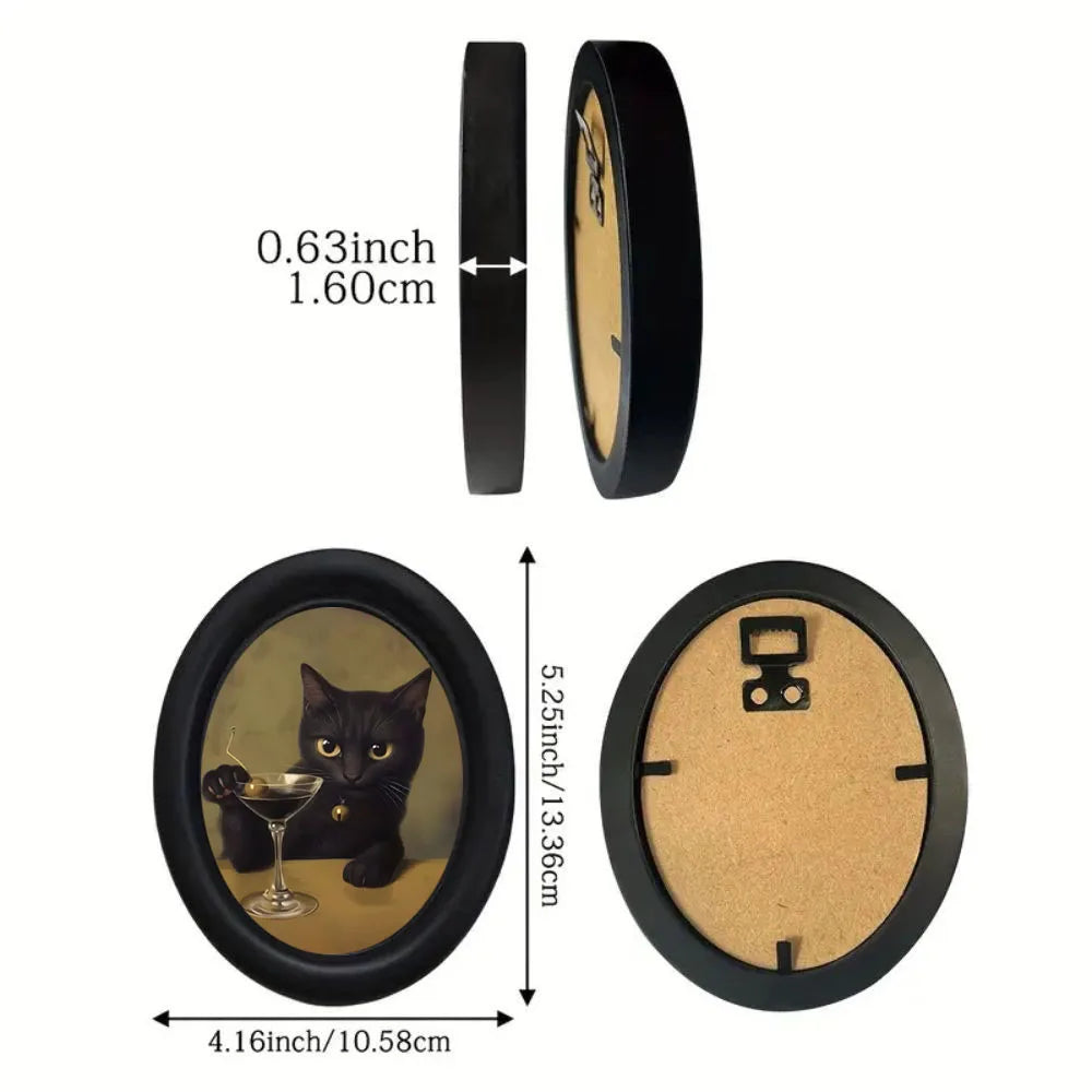 1 Piece of Vintage Wall Decoration Featuring a Black Cat Drinking a Martini Cocktail, Black Oval Frame Decoration, Gothic Style Cat Elements, Fun Bar Decoration, Exclusive Gift for Cat Lovers