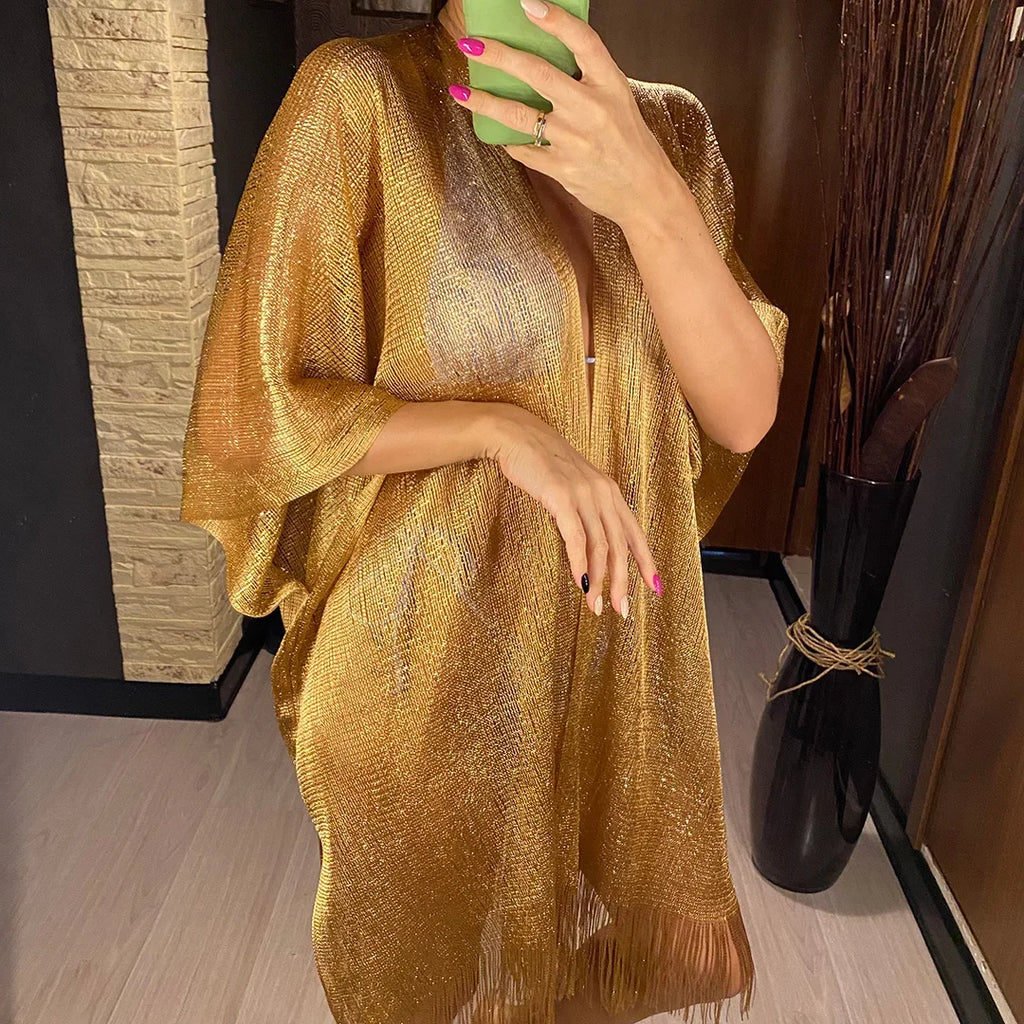 Solid Bikini Cover Up Tassel Beach Dress Tunics Swimsuit Bathing Suit Women Shining Cover Ups for Swimwear Women Pareo Plage