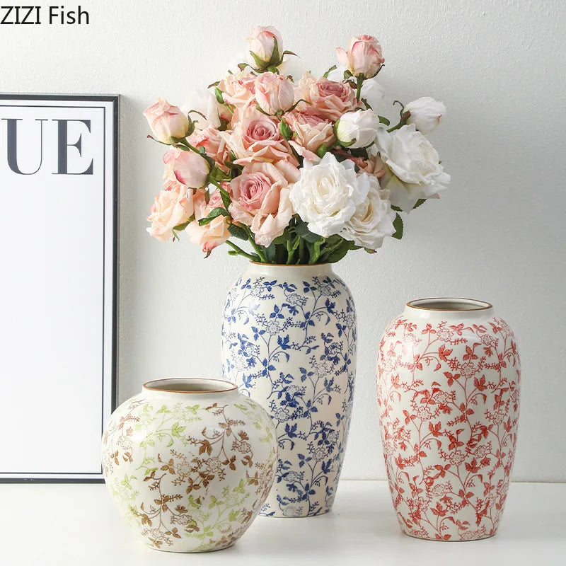 Red and White Porcelain Vase Elegant Classical Flowers Pot
