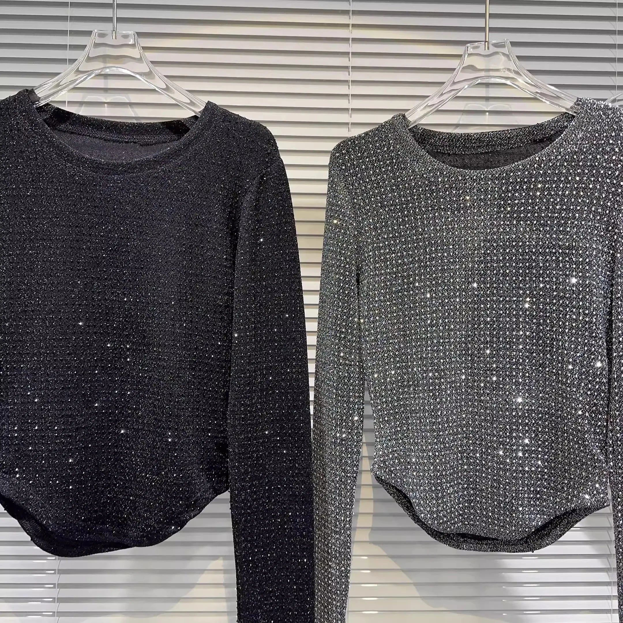 Fat people oversized wear 300 catties fashion rhinestone diamond bright silk curved edge women's long-sleeved T-shirt