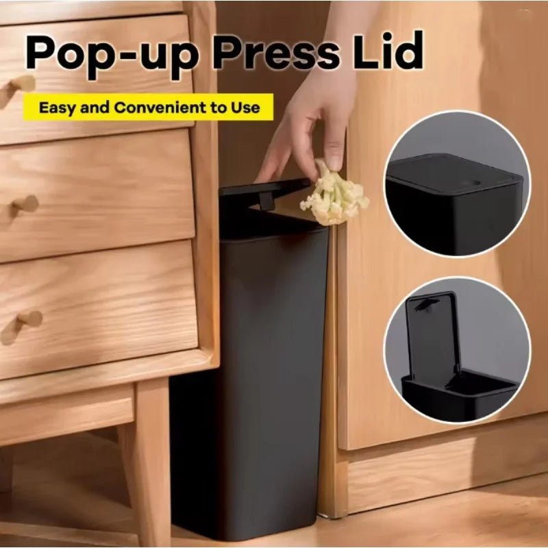 10L Small Black Bathroom Trash Can with Pop Up Lid Compact Plastic Garbage Bin For Cleaning Kitchen Food And Meal Residue